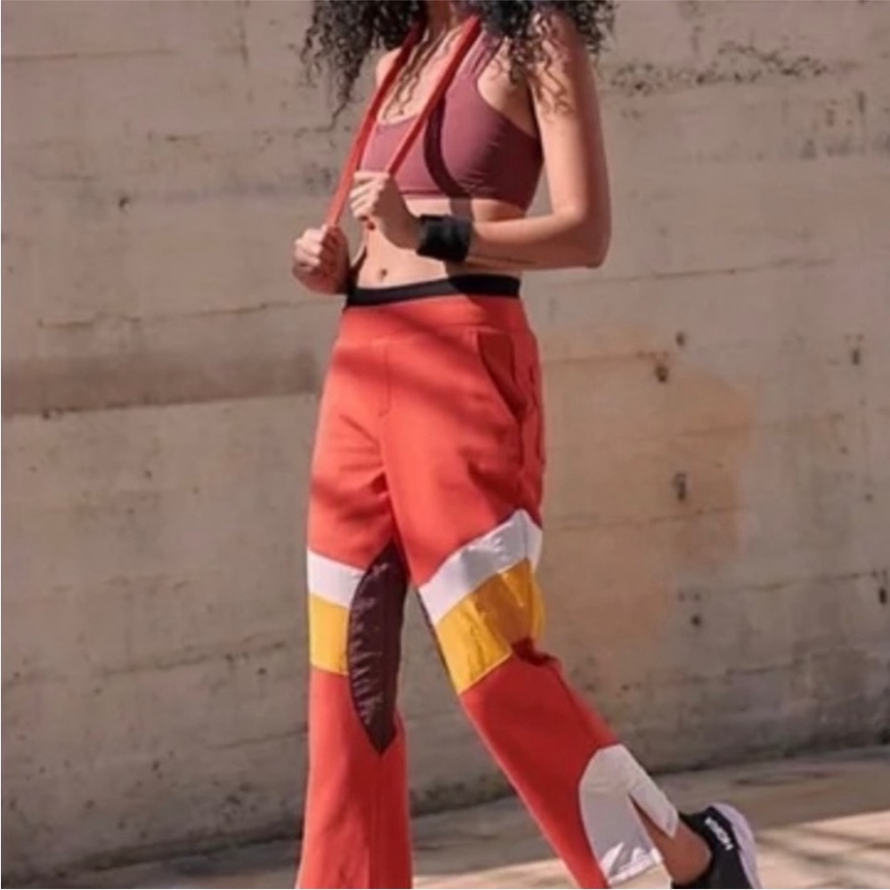 Free People Red Straight Leg Pants with Yellow and Gray Accents